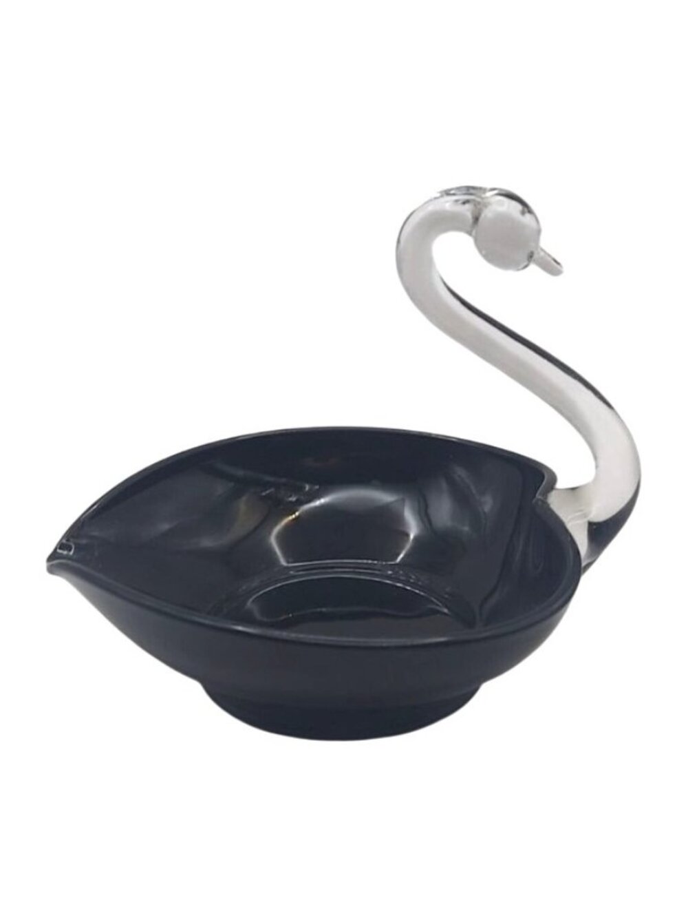 Vintage Duncan Miller Black Glass Swan With Crystal Neck Heart Shaped Candy Dish